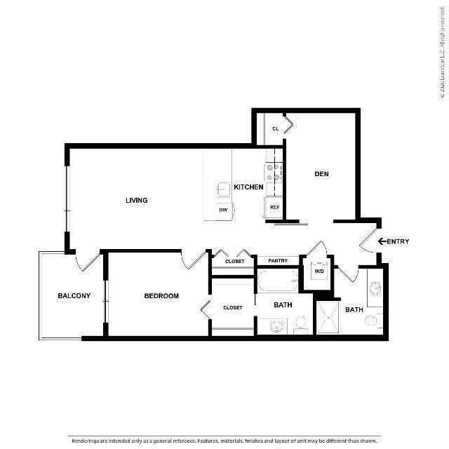 One Bedroom Two Bath with Den A floor plan